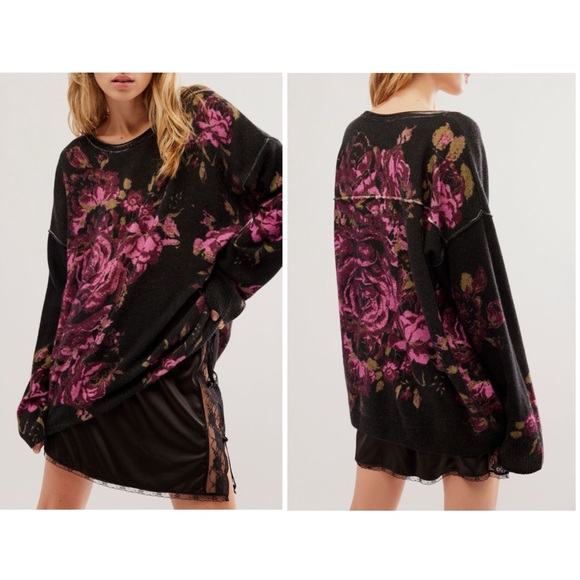 Free People Wallflower Cashmere Tunic Sweater in Black Floral. Large XS. NWOT! - Picture 1 of 9